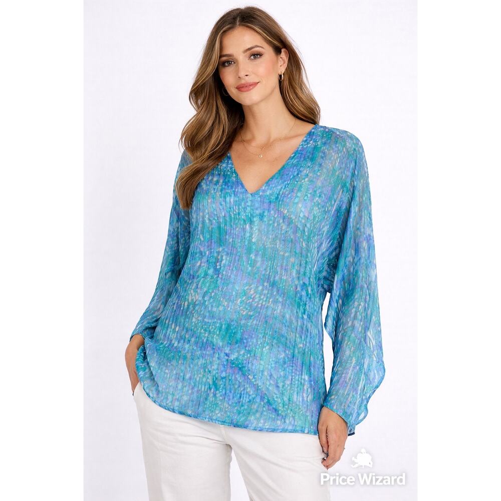“100% Silk Blouse Le Look Womens Size 6 Blue Green V Neck Flowy Sheer Resort